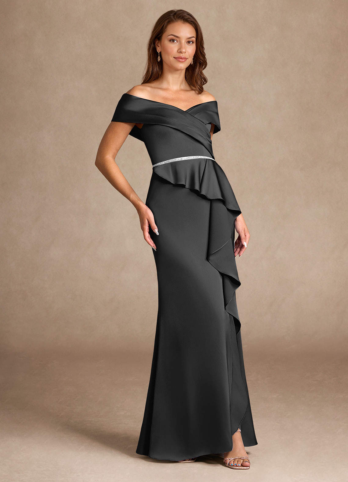 Black Mermaid Off the Shoulder Stretch Satin Dress