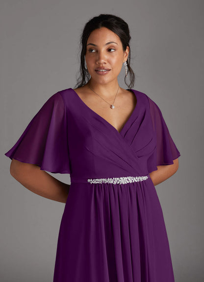Grape A-Line V-Neck Pleated Chiffon Dress