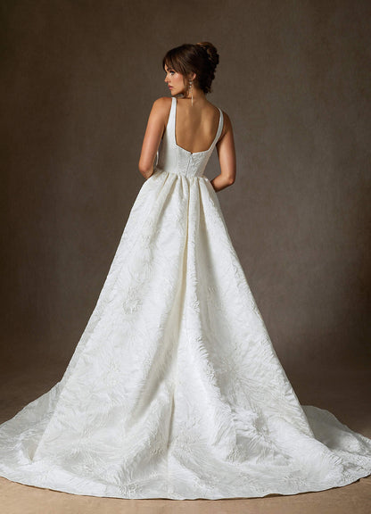 Diamond White Ball-Gown with Pockets Floral Jacquard Dress