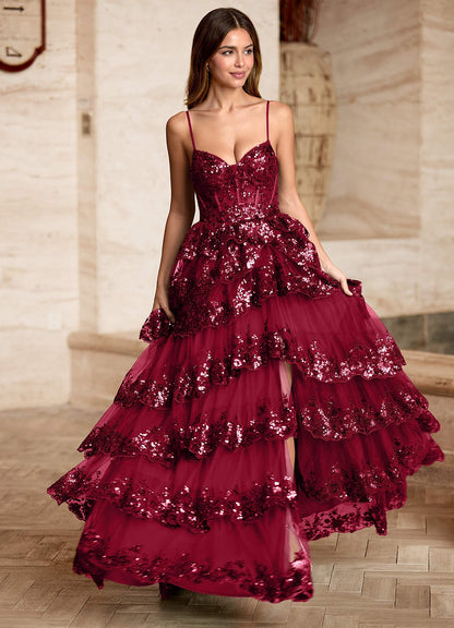 Tindra Burgundy Sequins Ruffles Prom Dress  Dress