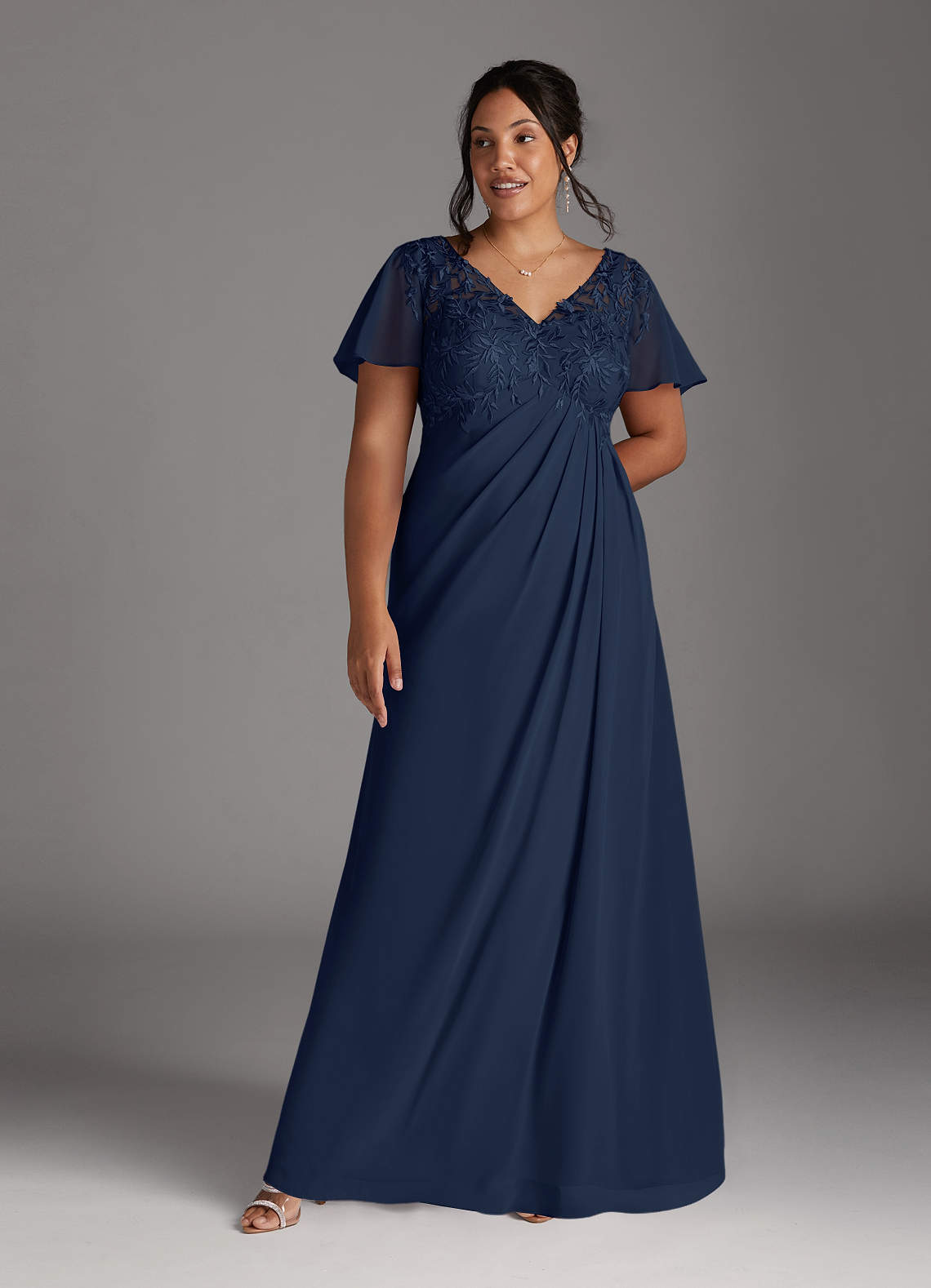 Dark Navy A-Line V-Neck Lace Chiffon Dress