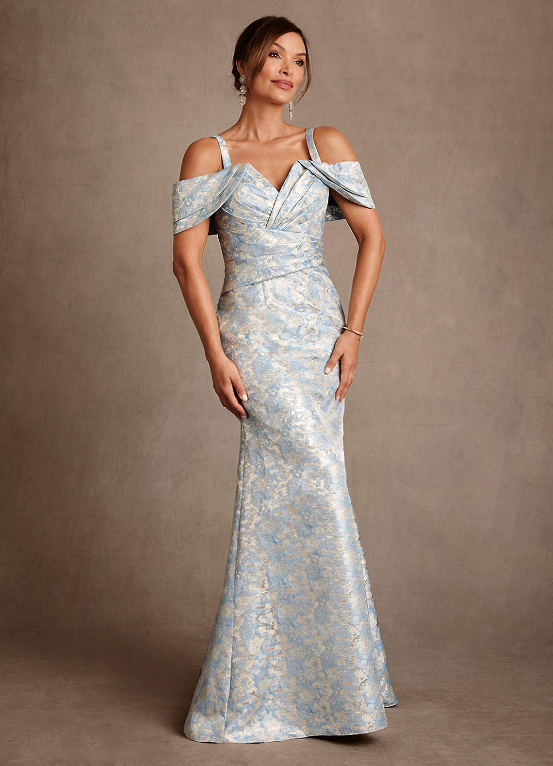 Dusty Blue Mermaid Off the Shoulder Floral Jacquard Dress