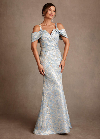 Dusty Blue Mermaid Off the Shoulder Floral Jacquard Dress