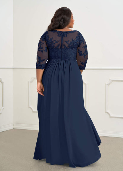 Dark Navy A-Line V-Neck Lace Chiffon Dress
