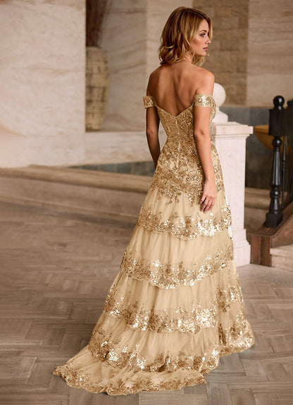 Jenna Champagne Ruffled Glitter Mermaid Prom Dress