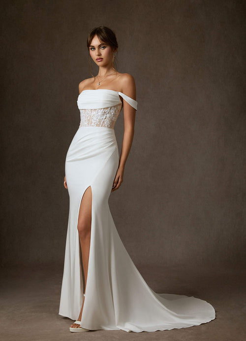Diamond White Nude Mermaid Off the Shoulder Crepe Back Satin Dress