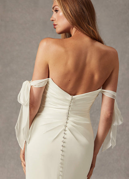 Cream Mermaid Off the Shoulder Crepe Back Satin Dress