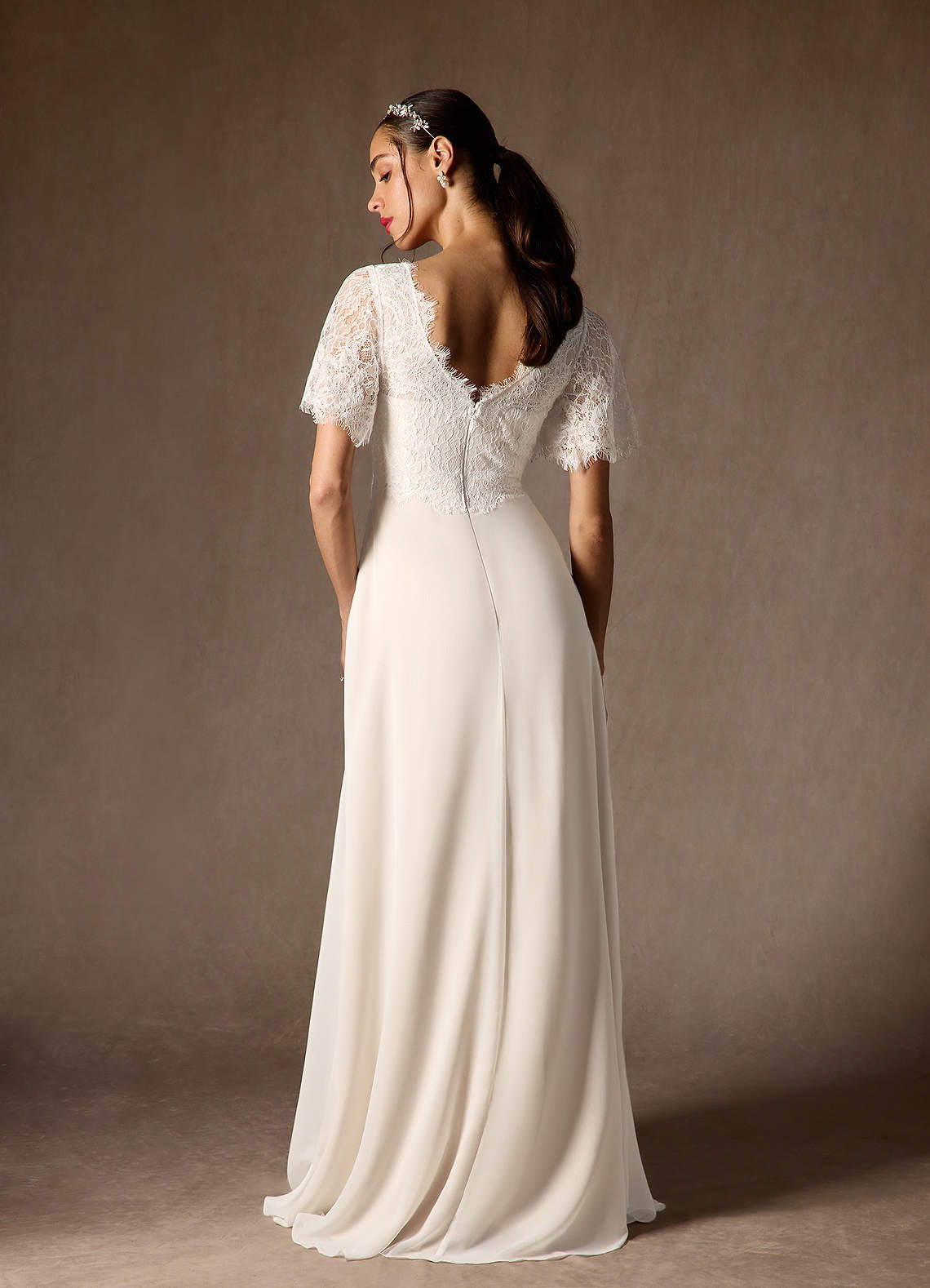 Diamond White Champagne A-Line V-Neck lace Chiffon Dress