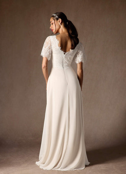 Diamond White Champagne A-Line V-Neck lace Chiffon Dress