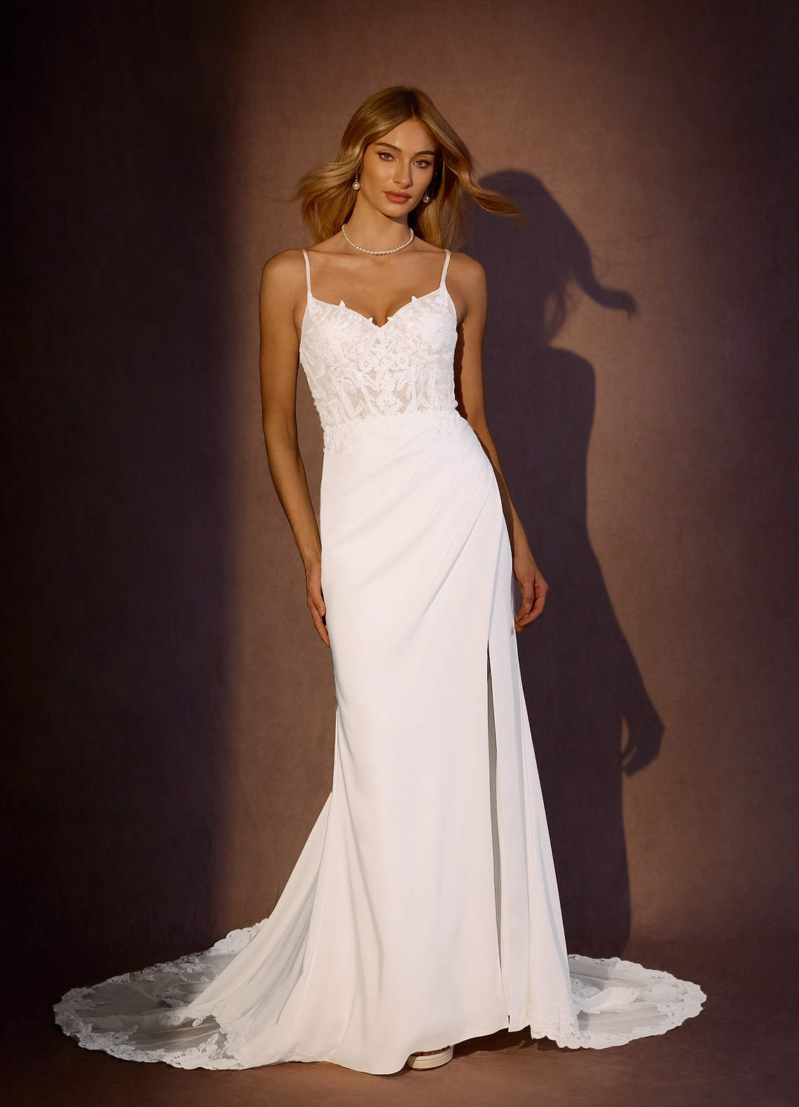 Diamond White Mermaid V-Neck lace Crepe Back Satin Dress