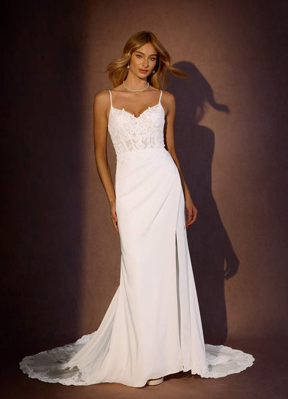 Diamond White Mermaid V-Neck lace Crepe Back Satin Dress