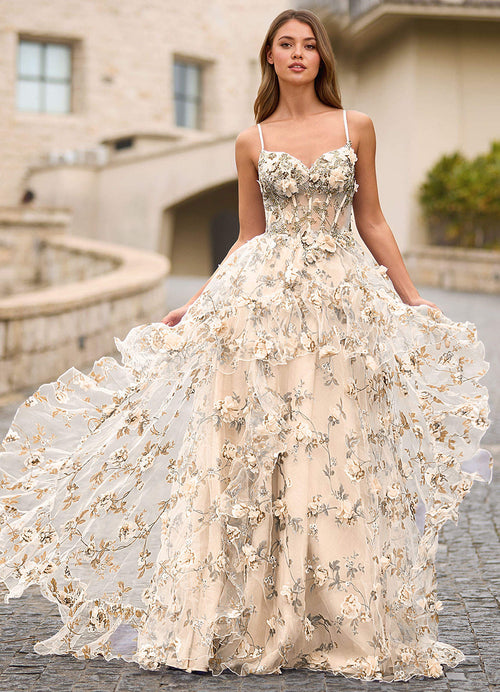 Elara Light Apricot 3D Floral Prom Dress  Dress