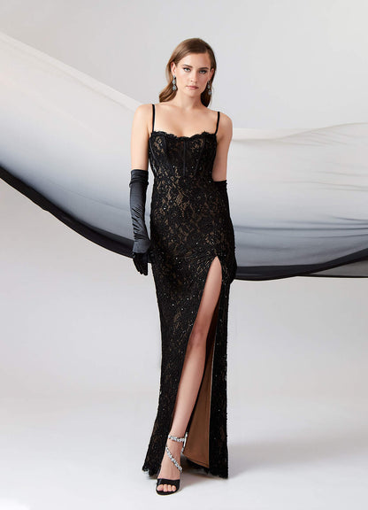 Black Nude A-Line Sequins Stretch Satin Dress