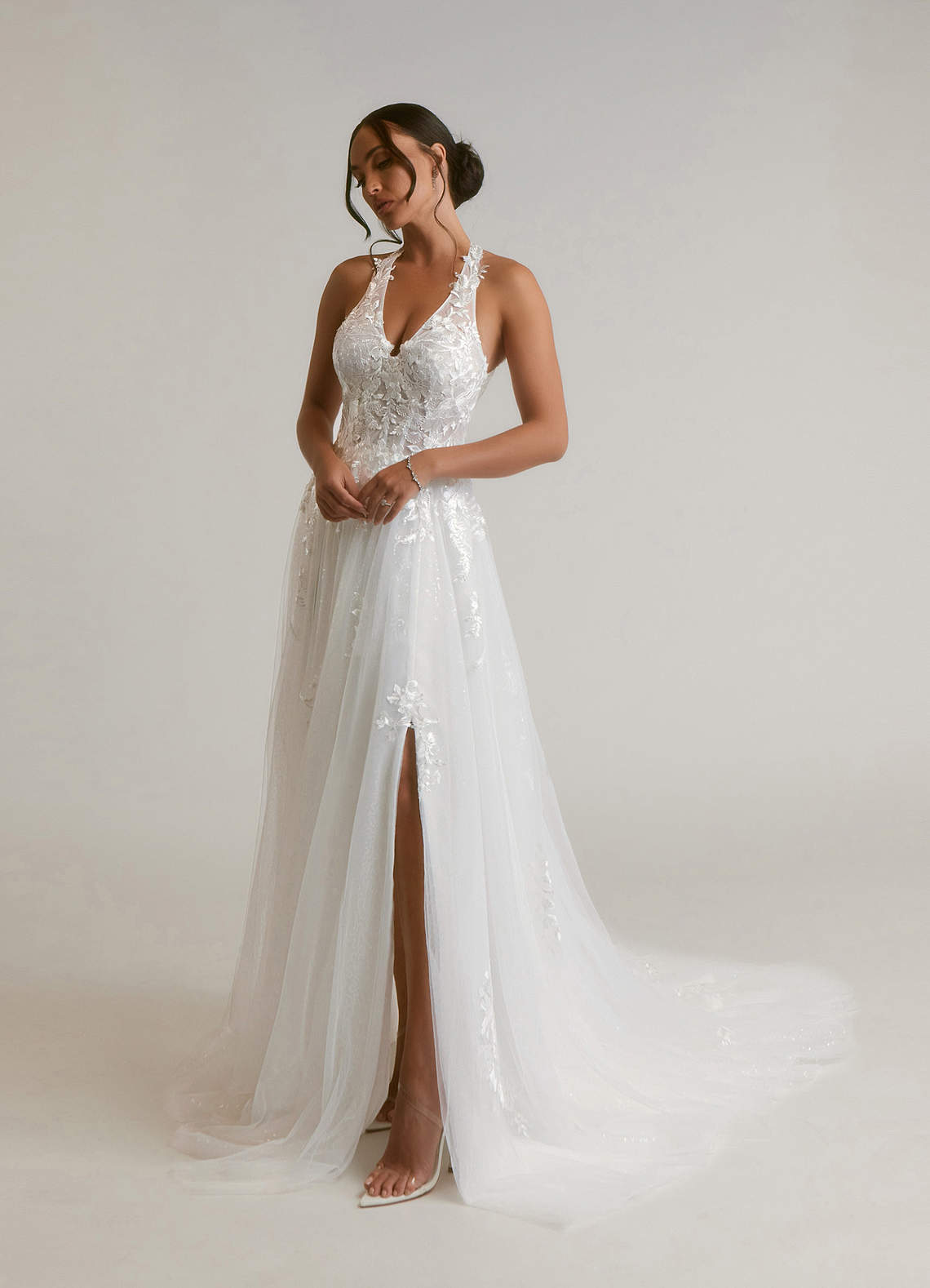 Diamond White A-Line Halter Sequins Tulle Dress