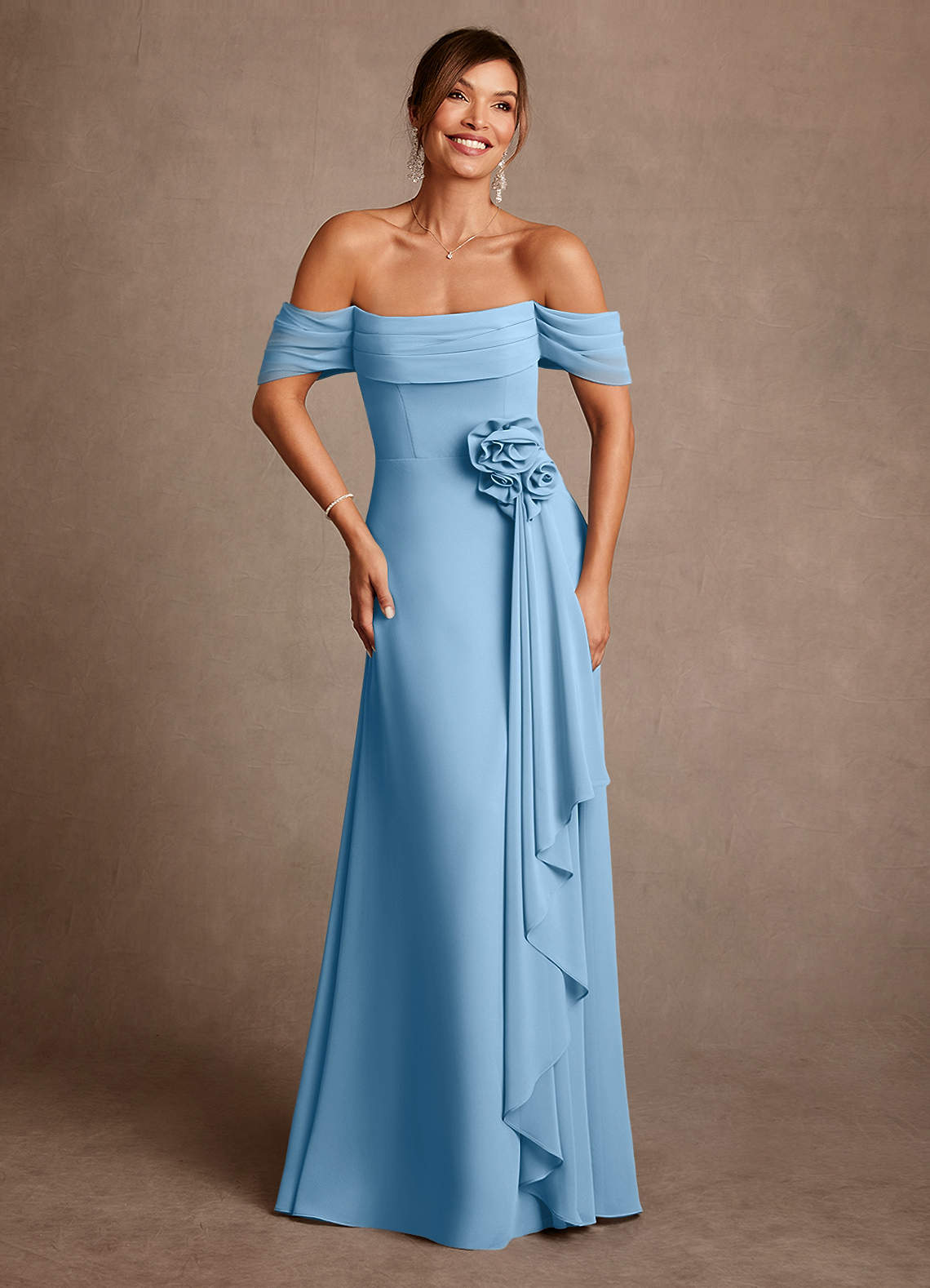 Steel Blue A-Line Off the Shoulder Chiffon Dress