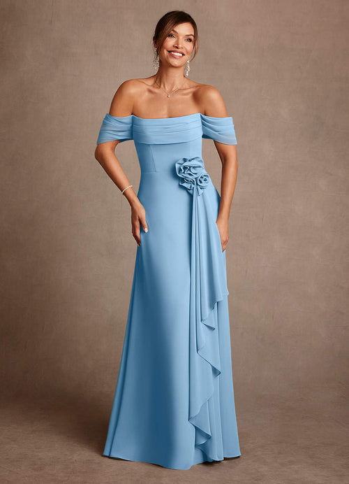 Steel Blue A-Line Off the Shoulder Chiffon Dress