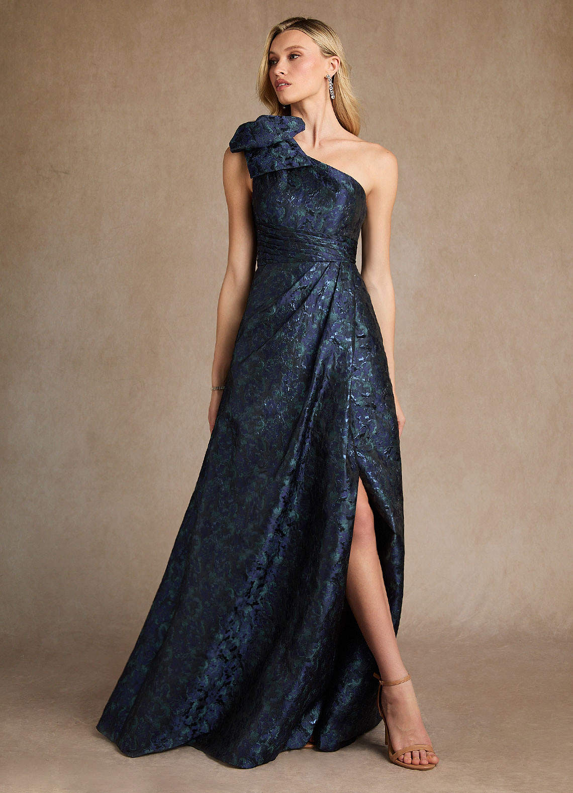 Dark Navy A-Line One Shoulder Jacquard Dress
