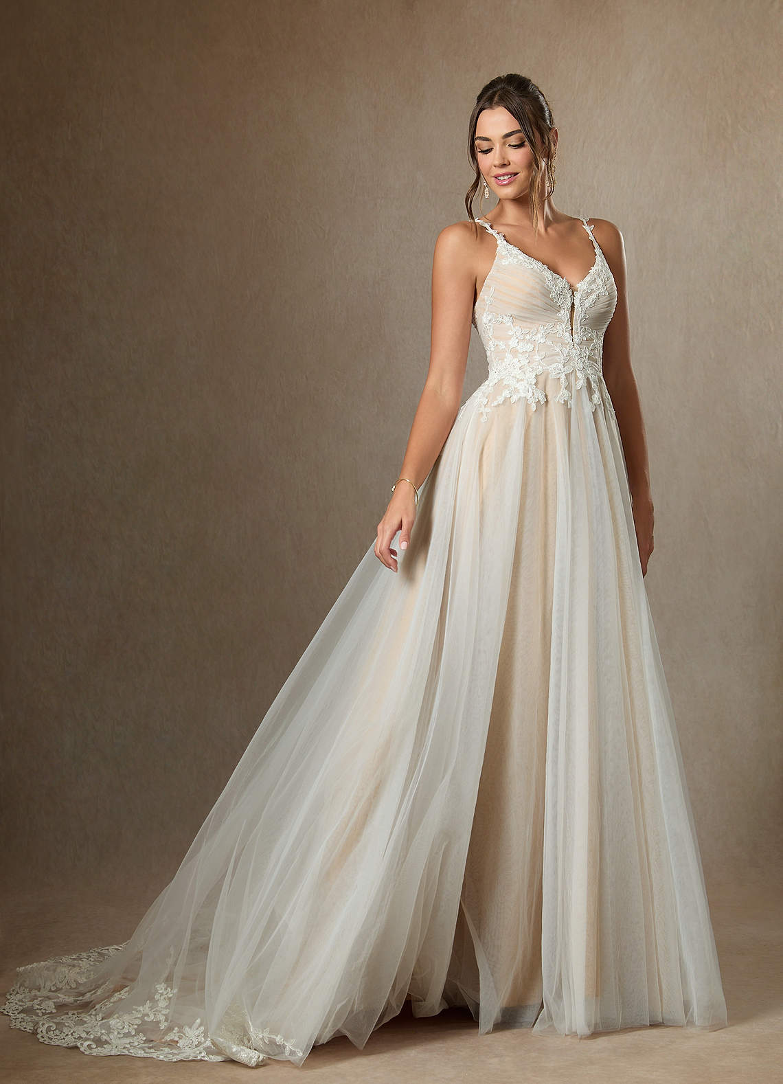 Diamond White Champagne A-Line V-Neck Lace Tulle Dress
