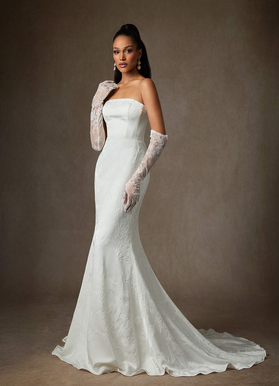 Diamond White Sheath Strapless Floral Jacquard Dress