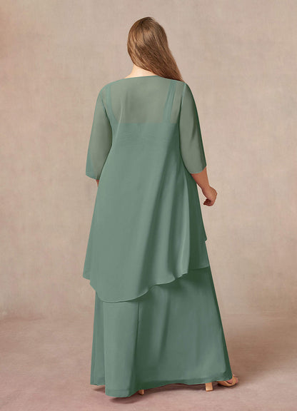 Eucalyptus A-Line Square Neckline Pleated Chiffon Dress