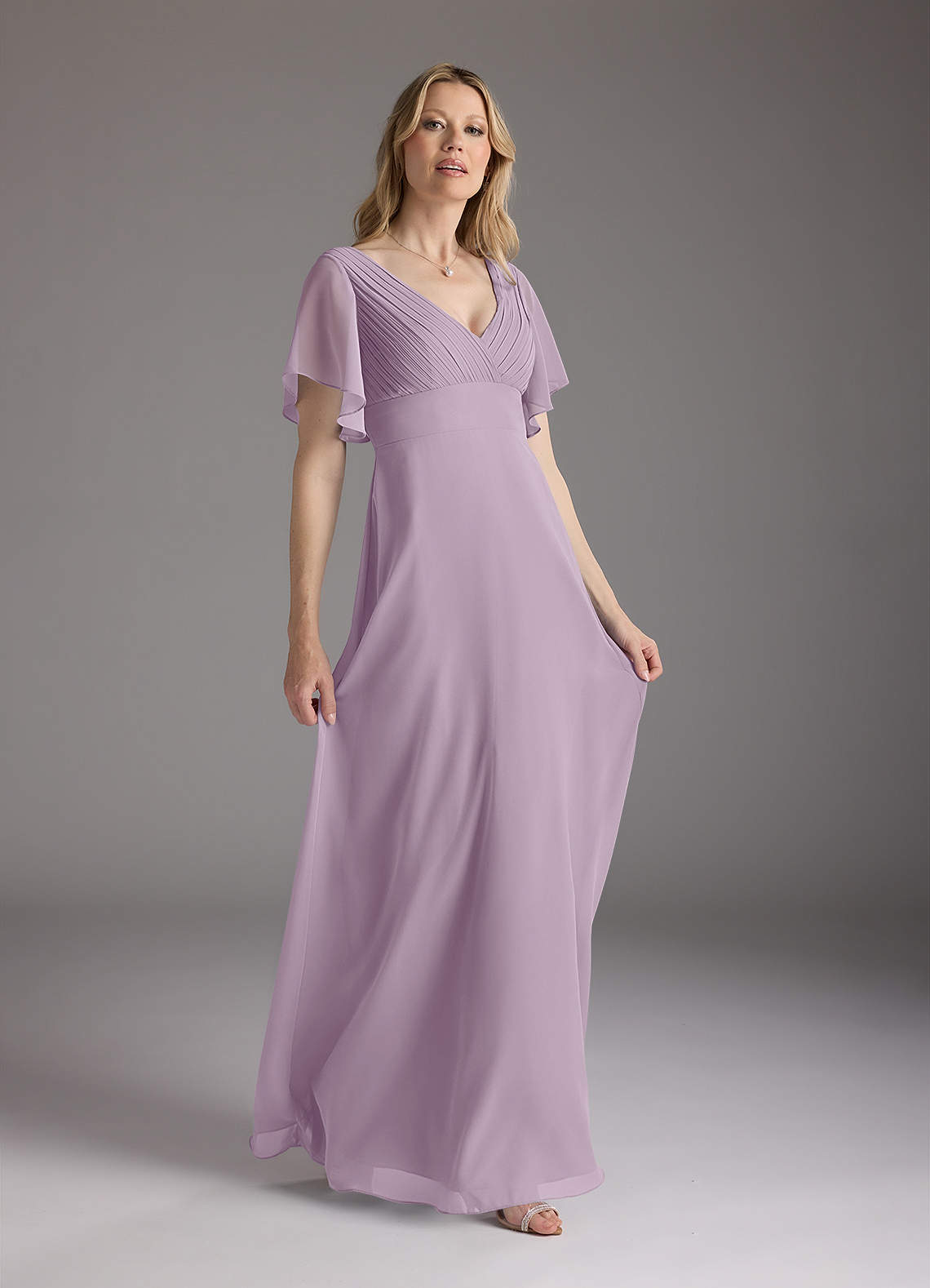 Wisteria A-Line V-Neck Pleated Chiffon Dress