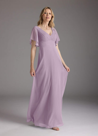Wisteria A-Line V-Neck Pleated Chiffon Dress