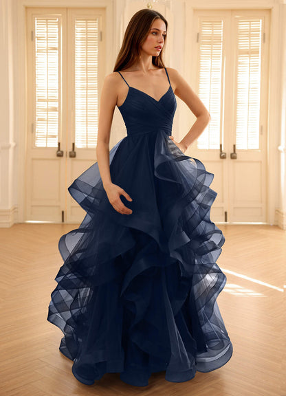 Carmencita Navy A-Line Ruffles Prom Dress