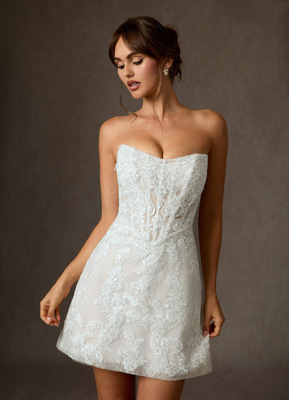 Diamond White A-Line Strapless Lace Dress