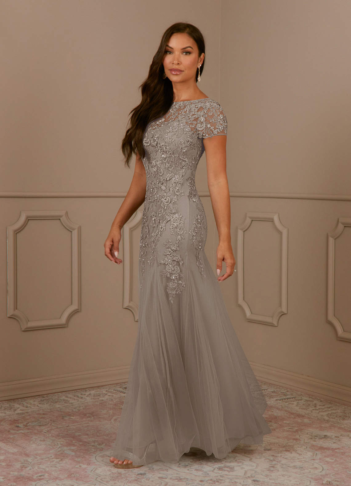 Taupe Mermaid Scoop Sequins Tulle Dress