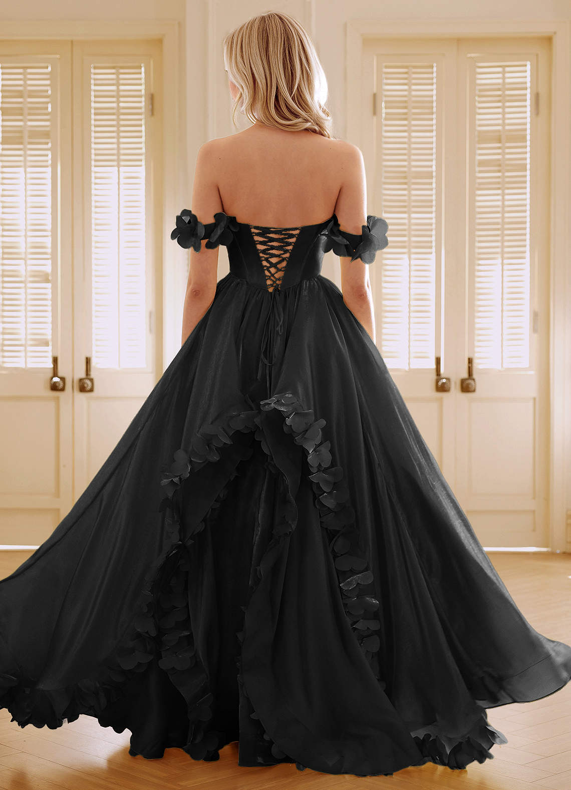 Elysia Black Corset Rhinestone Sheer Lace Prom Dress