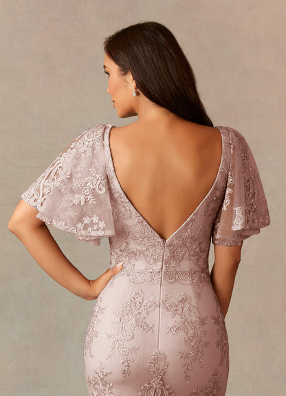 Dusty Rose Mermaid V-Neck Lace Dress