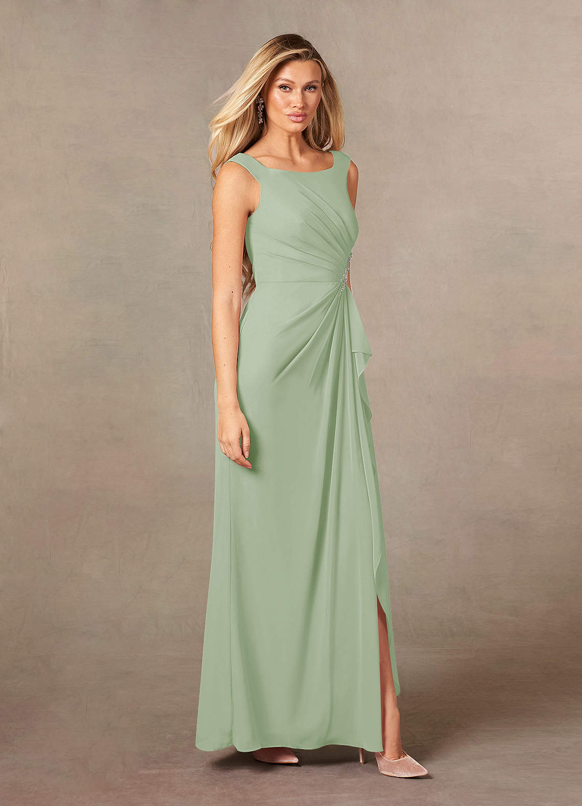 Dusty Sage A-Line Pleated Chiffon Dress