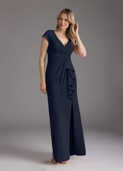 Dark Navy Mermaid V-Neck Pleated Stretch Crepe Dress