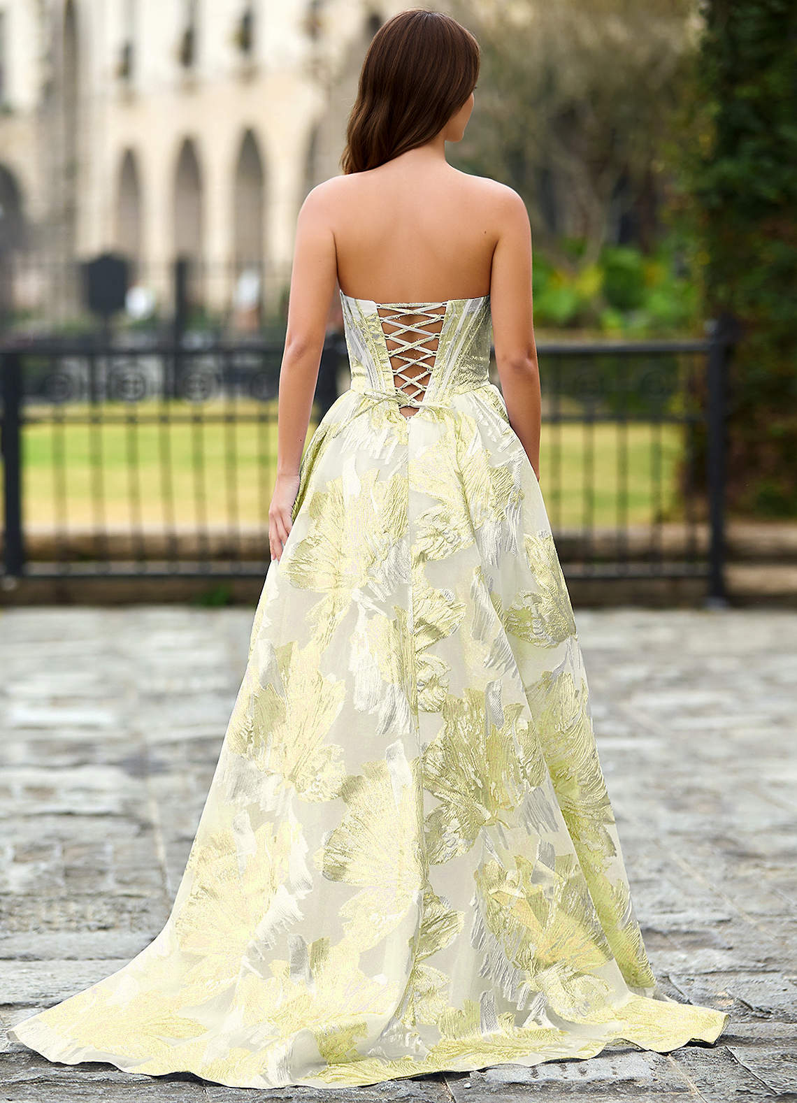 Thalia Champagne Enchanted Garden Lace-Up A-Line Prom Dress