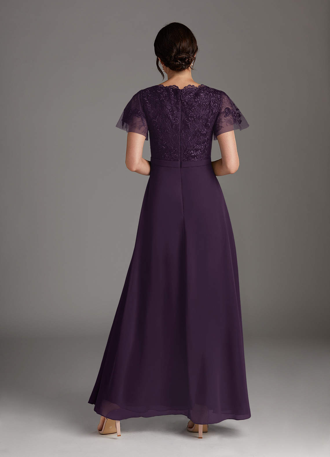 Plum A-Line V-Neck Lace Chiffon Dress