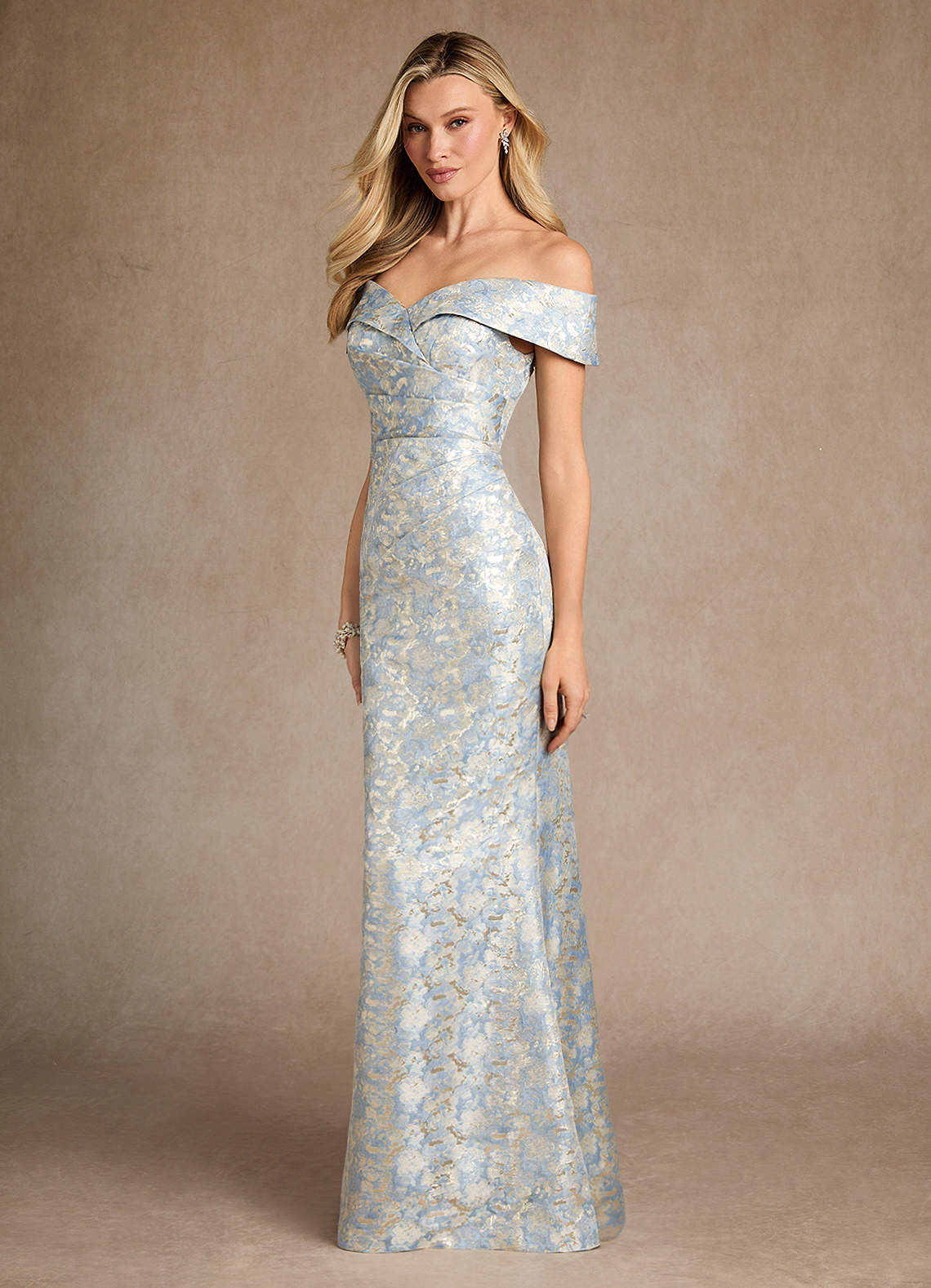 Dusty Blue Mermaid Off the Shoulder Jacquard Dress
