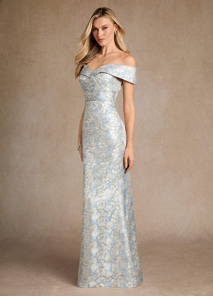 Dusty Blue Mermaid Off the Shoulder Jacquard Dress