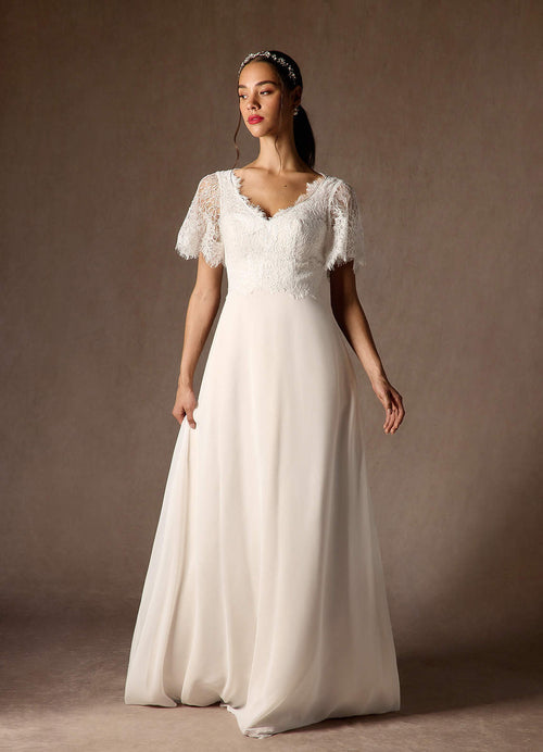 Diamond White Champagne A-Line V-Neck lace Chiffon Dress