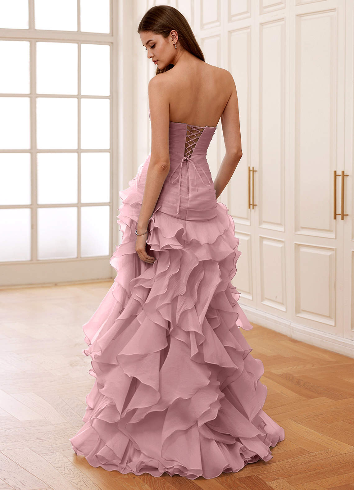 Christabelle Dusty Pink Corset Rhinestone Sheer Lace Prom Dress
