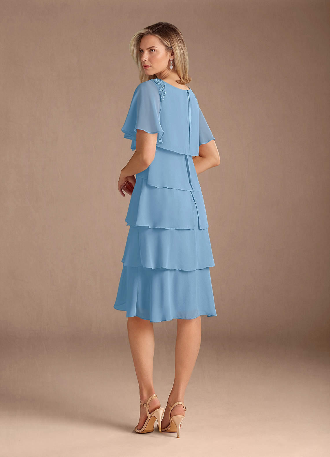 Steel Blue A-Line Scoop Beaded Chiffon Dress