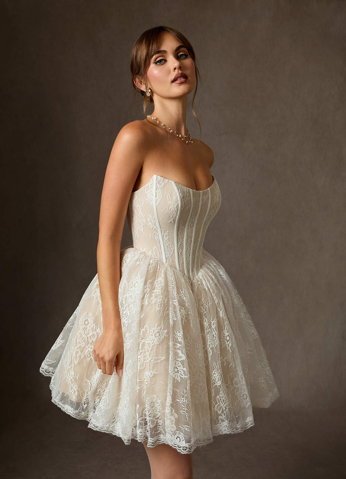 Diamond White Champagne Ball-Gown Strapless Lace Dress