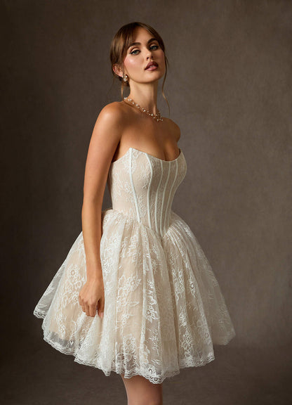 Diamond White Champagne Ball-Gown Strapless Lace Dress