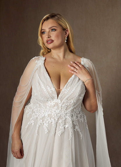 Diamond White A-Line V-Neck Sequins Tulle Dress