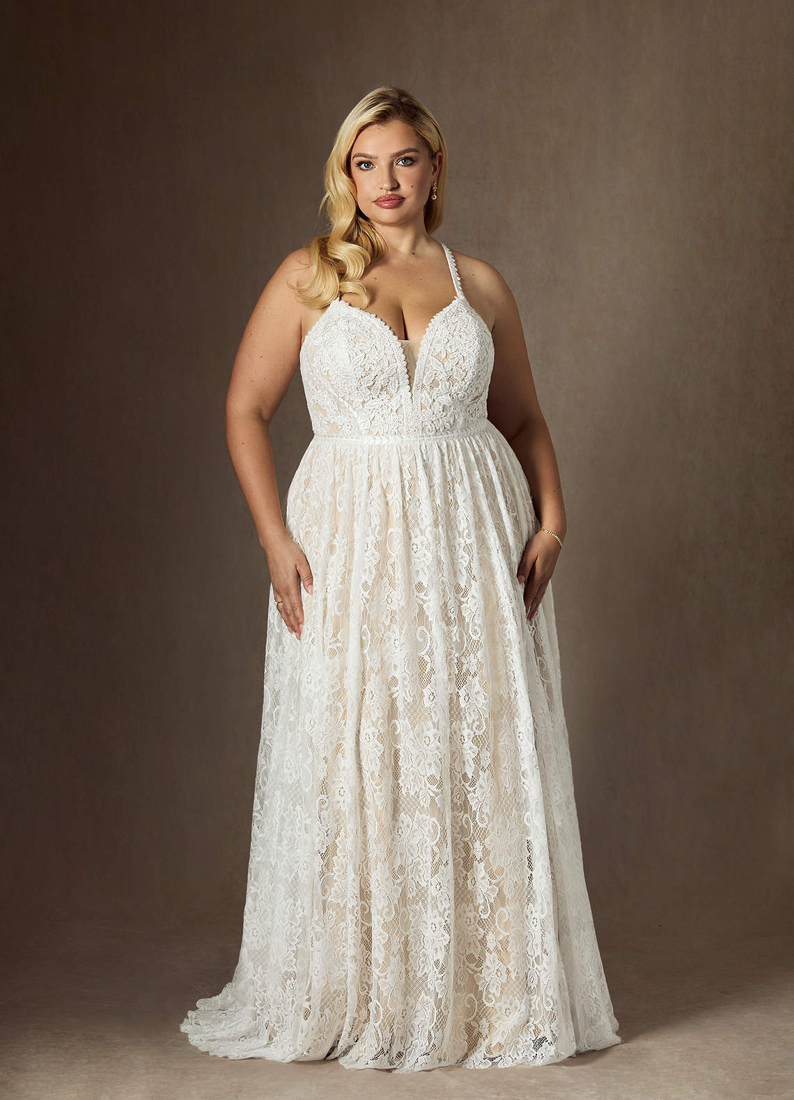 Diamond White Champagne A-Line Lace Dress