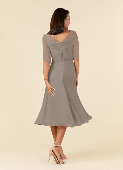 Taupe A-Line Boatneck Pleated Chiffon Dress