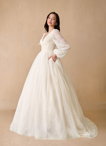 Diamond White Champagne Ball-Gown Lace Tulle Dress