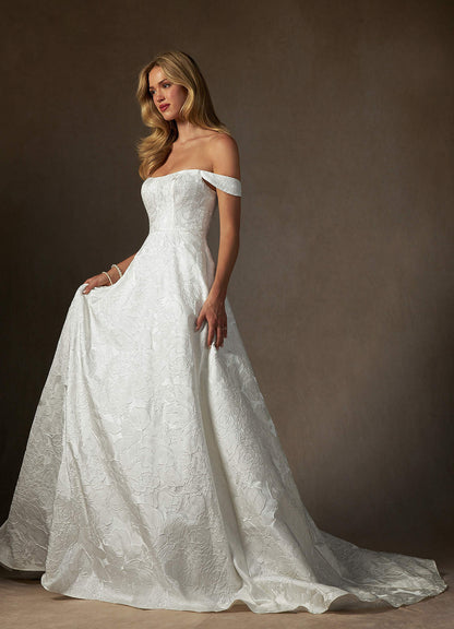 Antique White Ball-Gown Strapless Floral Jacquard Dress