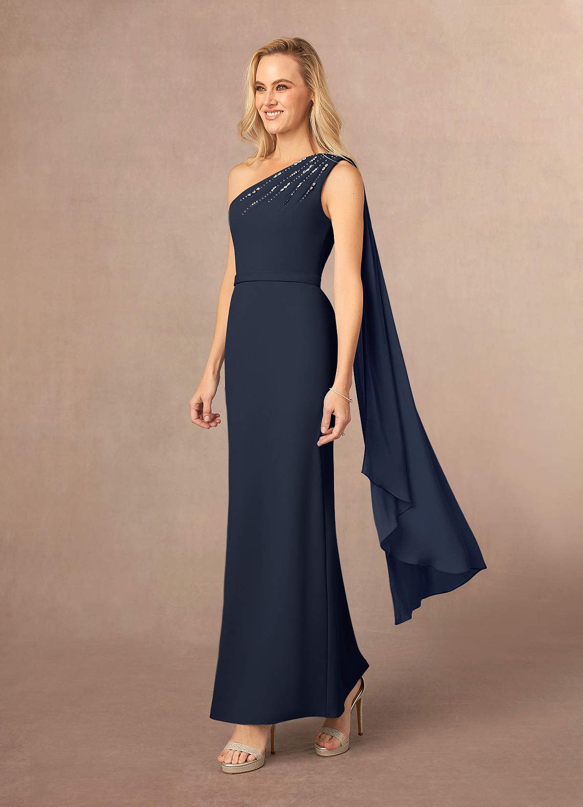 Dark Navy One Shoulder Stretch Crepe Dress