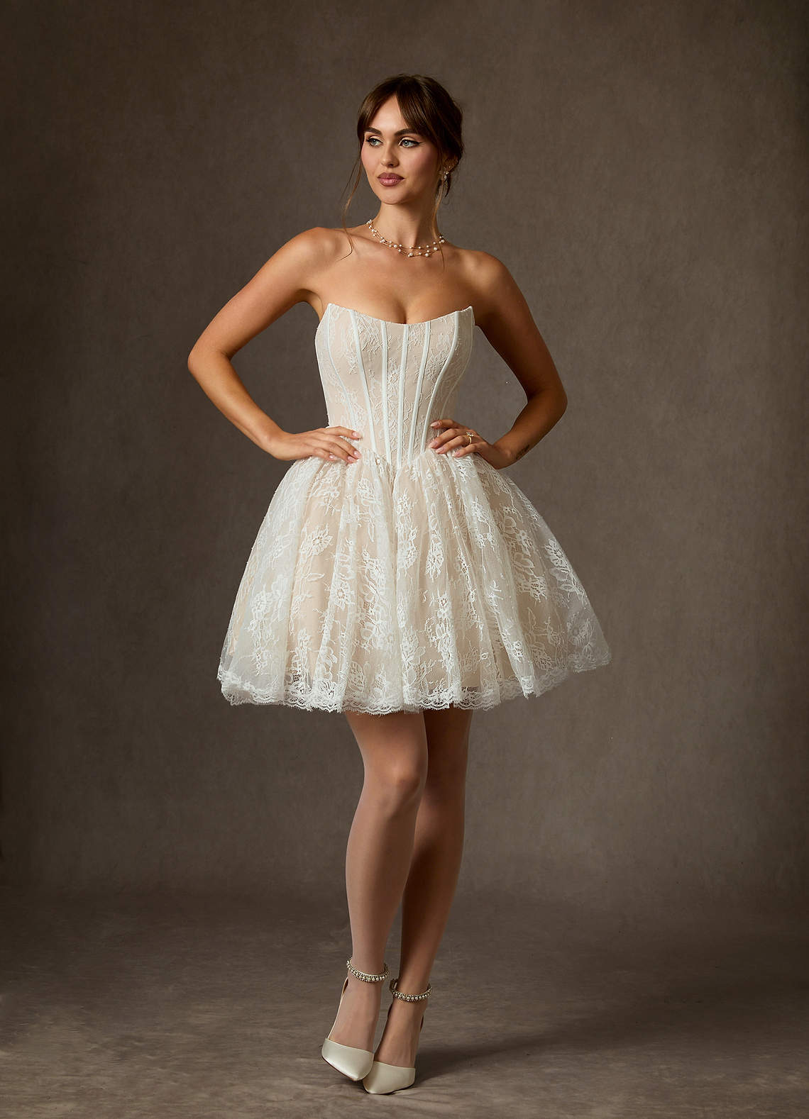Diamond White Champagne Ball-Gown Strapless Lace Dress