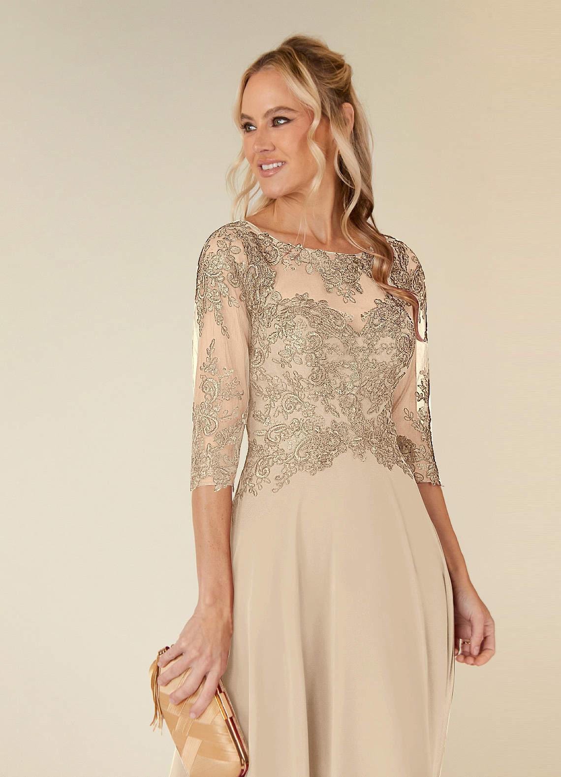 Champagne A-Line Lace Chiffon Dress